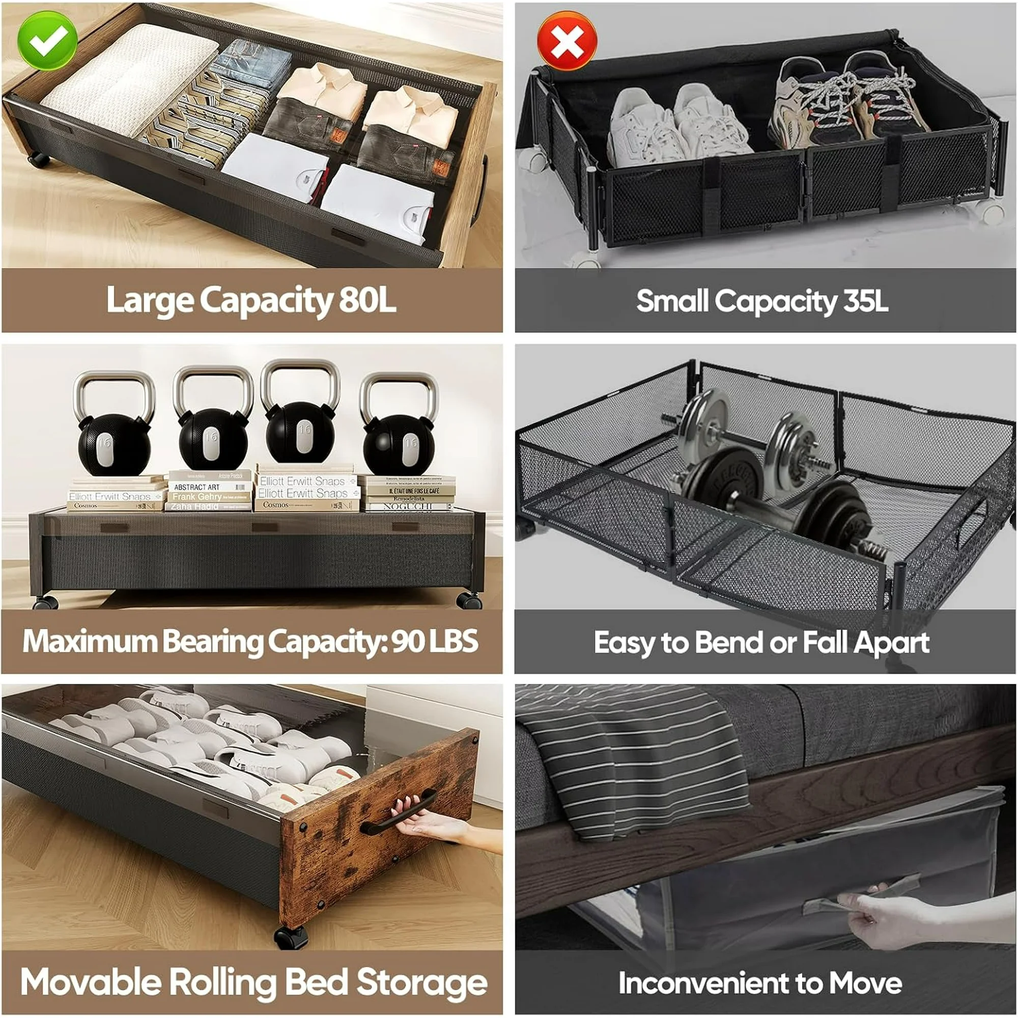 Wooden Under Bed Storage with Wheels, 80L Extra-large Rolling Under the Bed Storage Bins 2 Pack with Removable Lid
