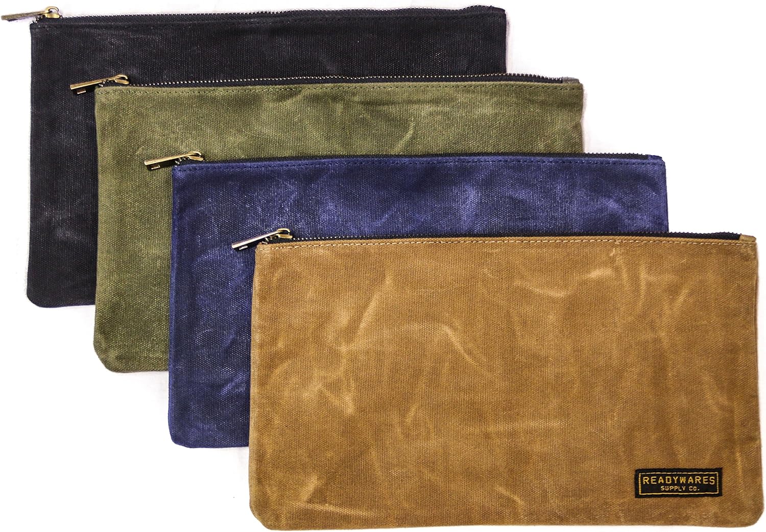 Readywares Waxed Canvas Zipper Tool Bags, Heavy Duty Canvas Tool Pouch, 4 Colors: Tan, Olive, Navy, and Black, 12.5" x 7" - 4-Pack