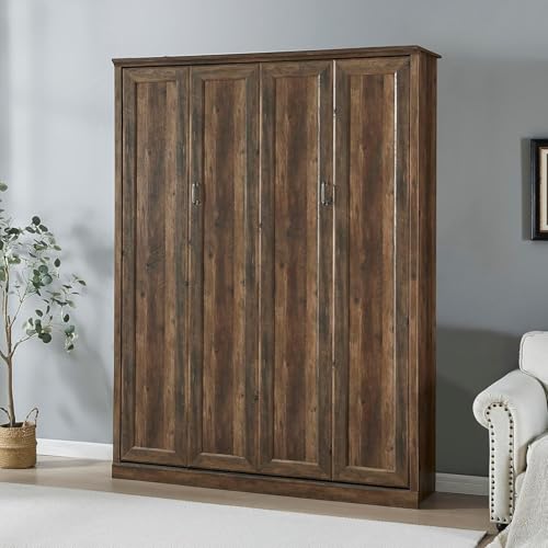 MERITLINE Queen Size Murphy Bed with Storage Bookcase Shelves,Cabinet and Charging Station,Wood Folding White Murphy Wall Bed
