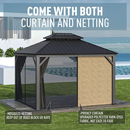 Gazebo 10' x 12' with Mosquito Net and Privacy Sidewalls, Patio Aluminum Permanent Gazebo, All Weatherproof Outdoor Hardtop Metal Gazebos，for Patio