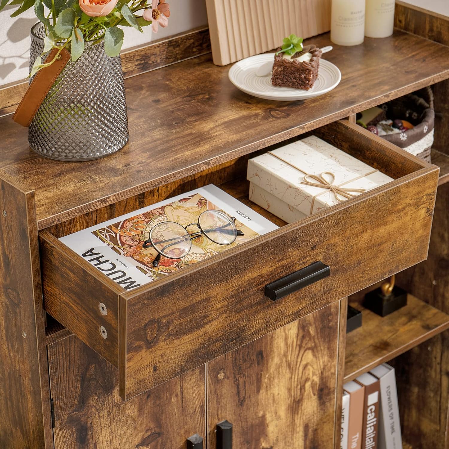 usikey Mid-Century Storage Cabinet with 1 Drawer 2 Doors 3 Shelves & Bookcase Storage Cabinet, Free Standing Cupboard with 4 Legs