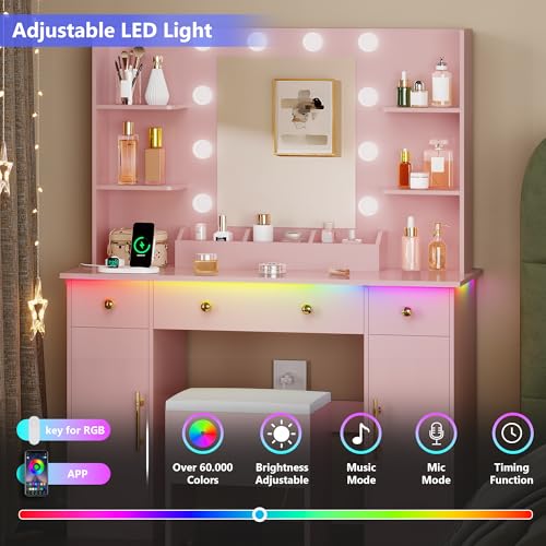 Vanity Desk with Mirror and Lights, Makeup Vanity with Charging Station & Vanity Stool