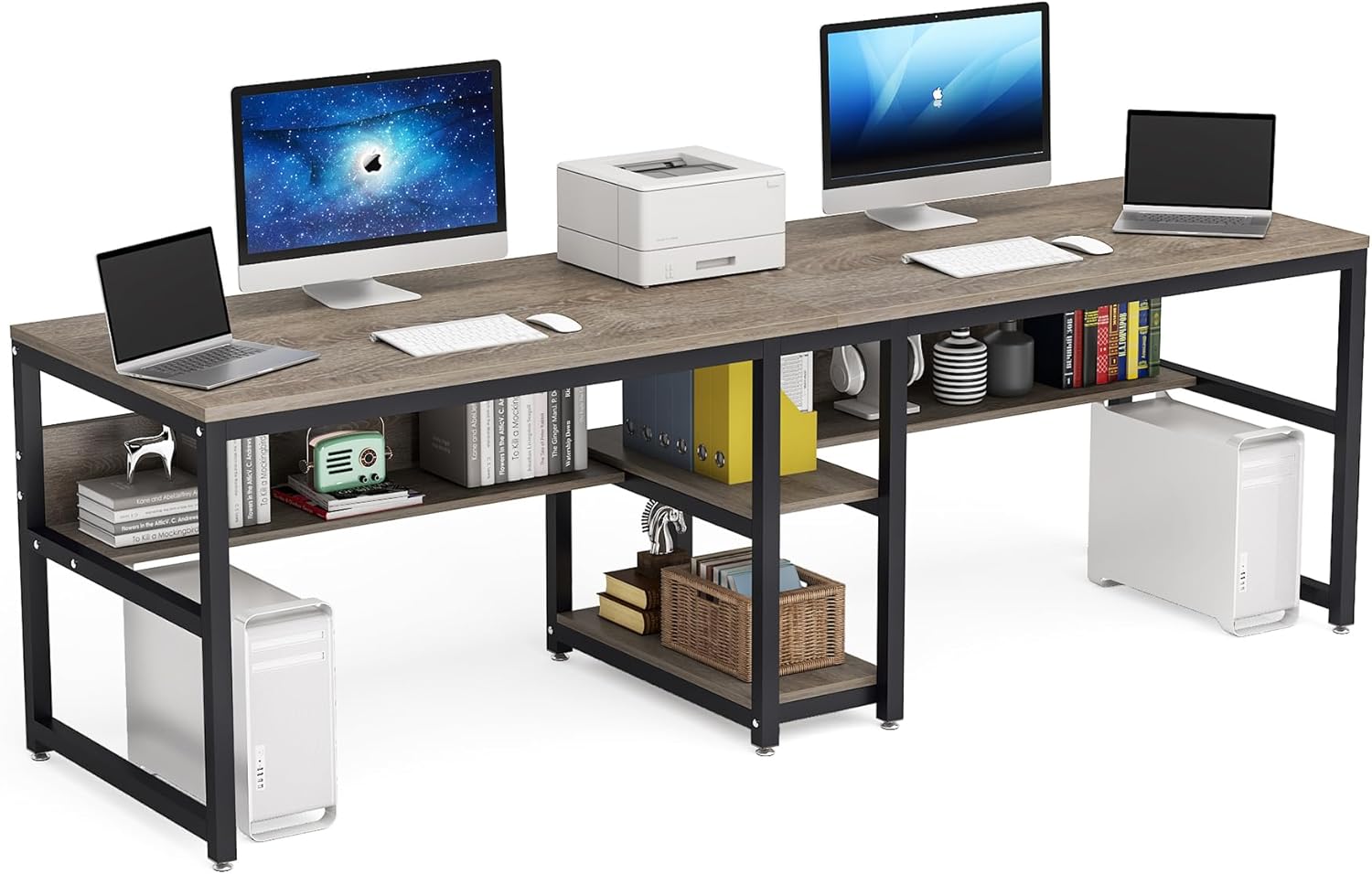 78.7" Two Person Desk with Bookshelf, Large Computer Office Double Desk for Two Person