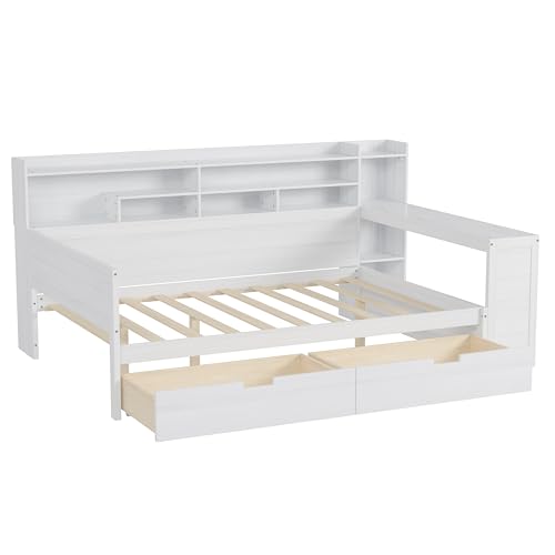 Bellemave Twin Corner Bed Frame with Storage Shelves and Desk, Wood Twin Size Daybed with Bookcase and Drawers and Storage, Gray