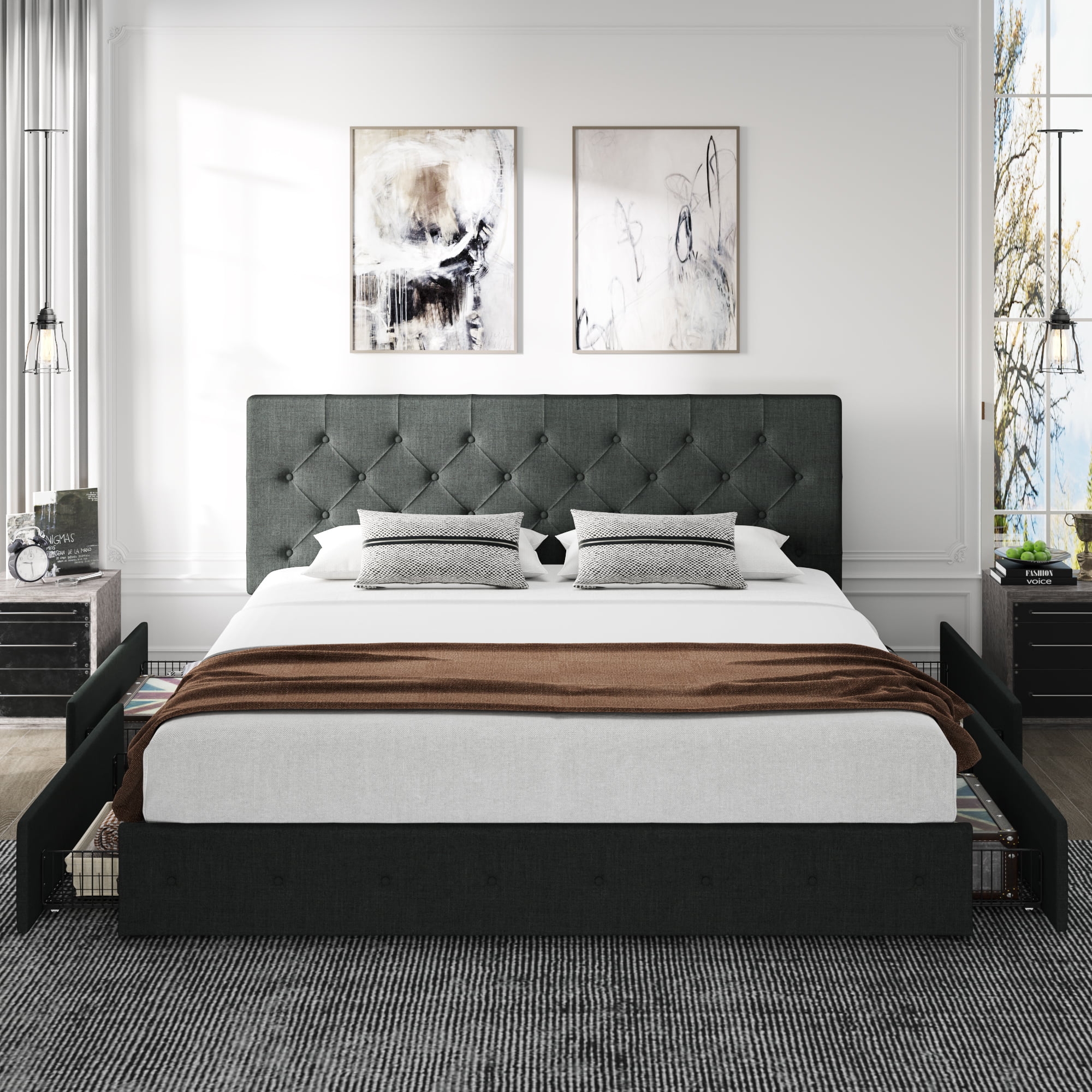 Amolife King Size Platform Bed Frame with Headboard and 4 Drawers, Dark Grey - Radiant Selections