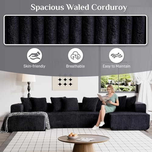 131" Modular Sectional Sofa Cloud Couch, Corduroy Memory Foam Black Sectional Couches for Living Room, Modern Deep Seat Boneless Sofa