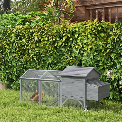 PawHut 96.5" Chicken Coop Wooden Hen House Poultry Cage Pen Portable with Wheels and Nesting Box, Chicken Cage for Backyard Outdoor, Natural