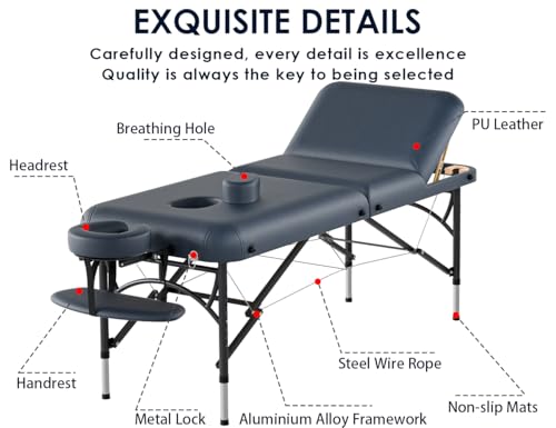 CLORIS 84" Professional Massage Table Portable 2 Folding Lightweight Facial Solon Spa Tattoo Bed Height Adjustable with Carrying Bag & Aluminium Leg