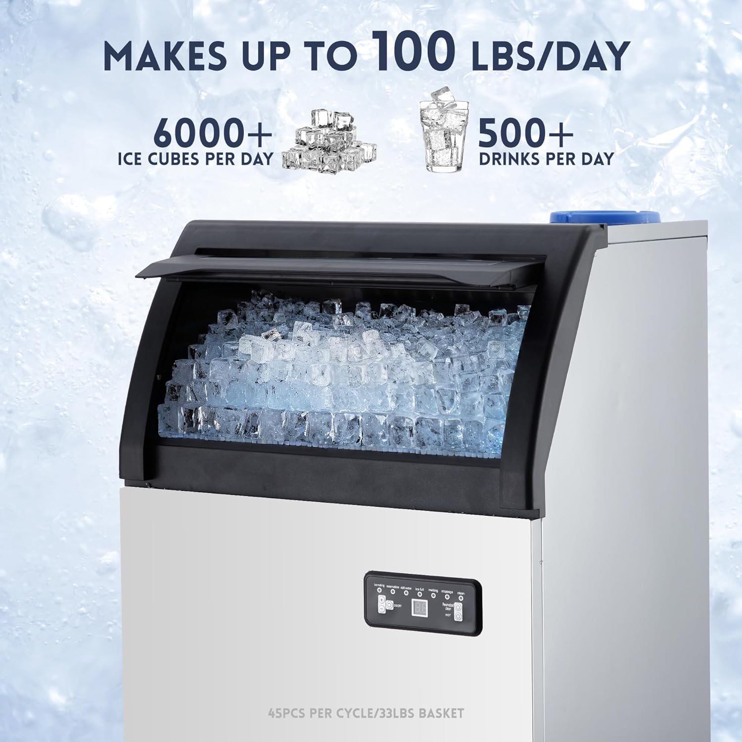 Commercial Ice Maker Machine 100Lbs/24H, Stainless Steel Under Counter Large Ice Machine, 33Lbs Ice Capacity