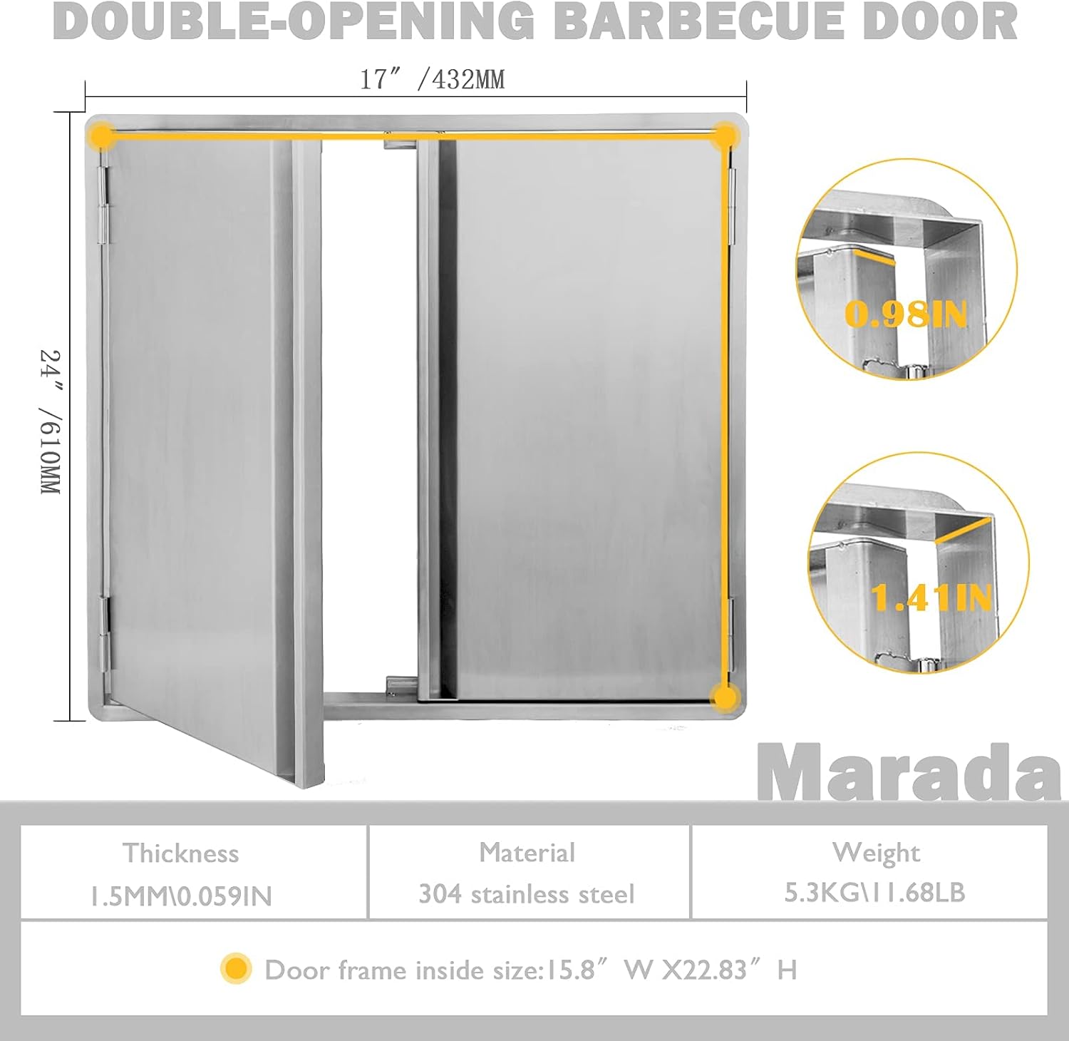 Marada BBQ Access Door Outdoor Kitchen 304 Brushed Stainless Steel Doors for Outdoor Kitchen, Outdoor Cabinet