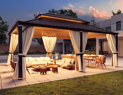 YOLENY 10' x 12' Hardtop Gazebo, Metal Gazebo with Aluminum Frame, Double Galvanized Steel Roof, Curtains and Netting Included