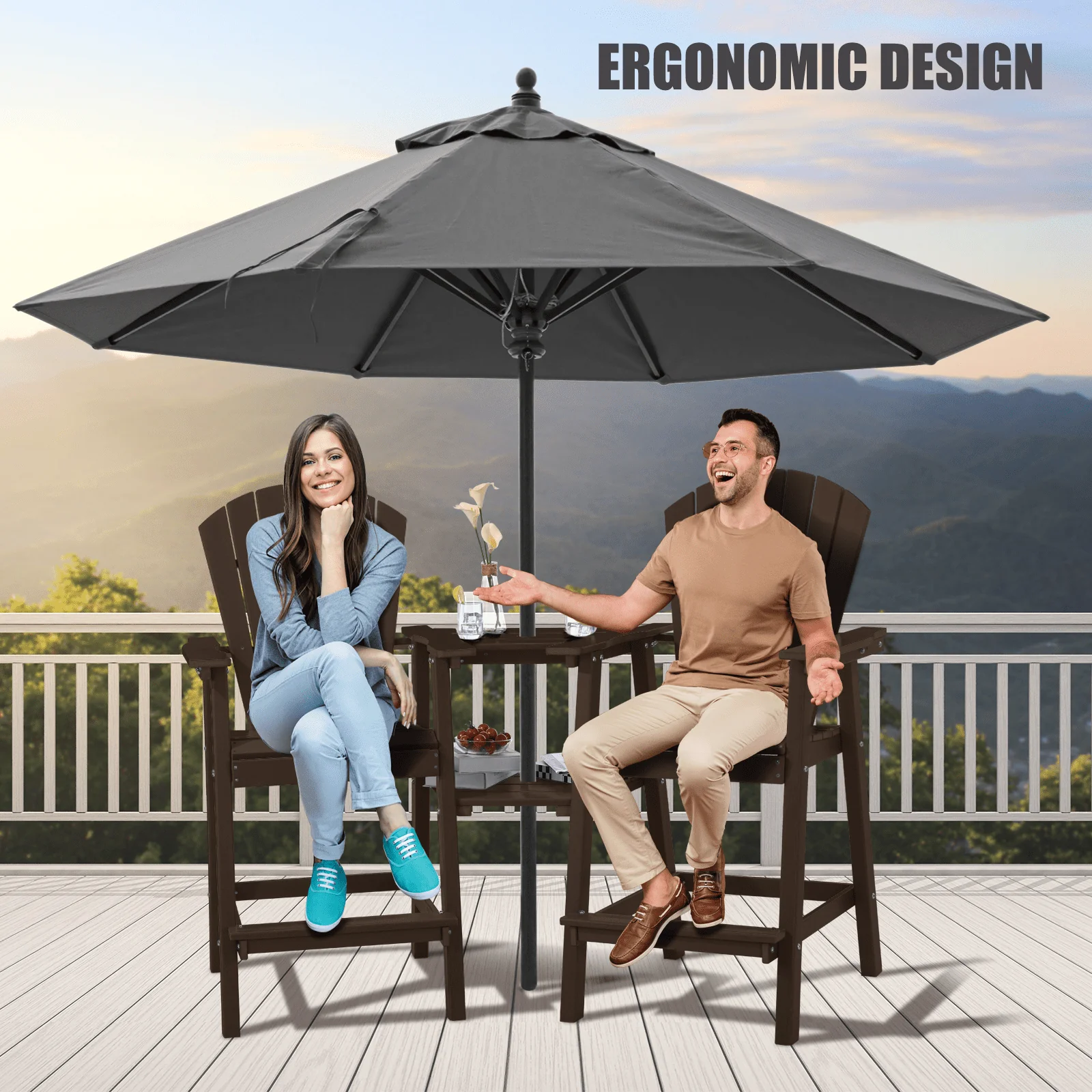 Tall Adirondack Chairs Set of 2 .Outdoor Adirondack Barstools with Double Connecting Tray Patio Stools Weather Resistant for Outdoor Deck Lawn Pool