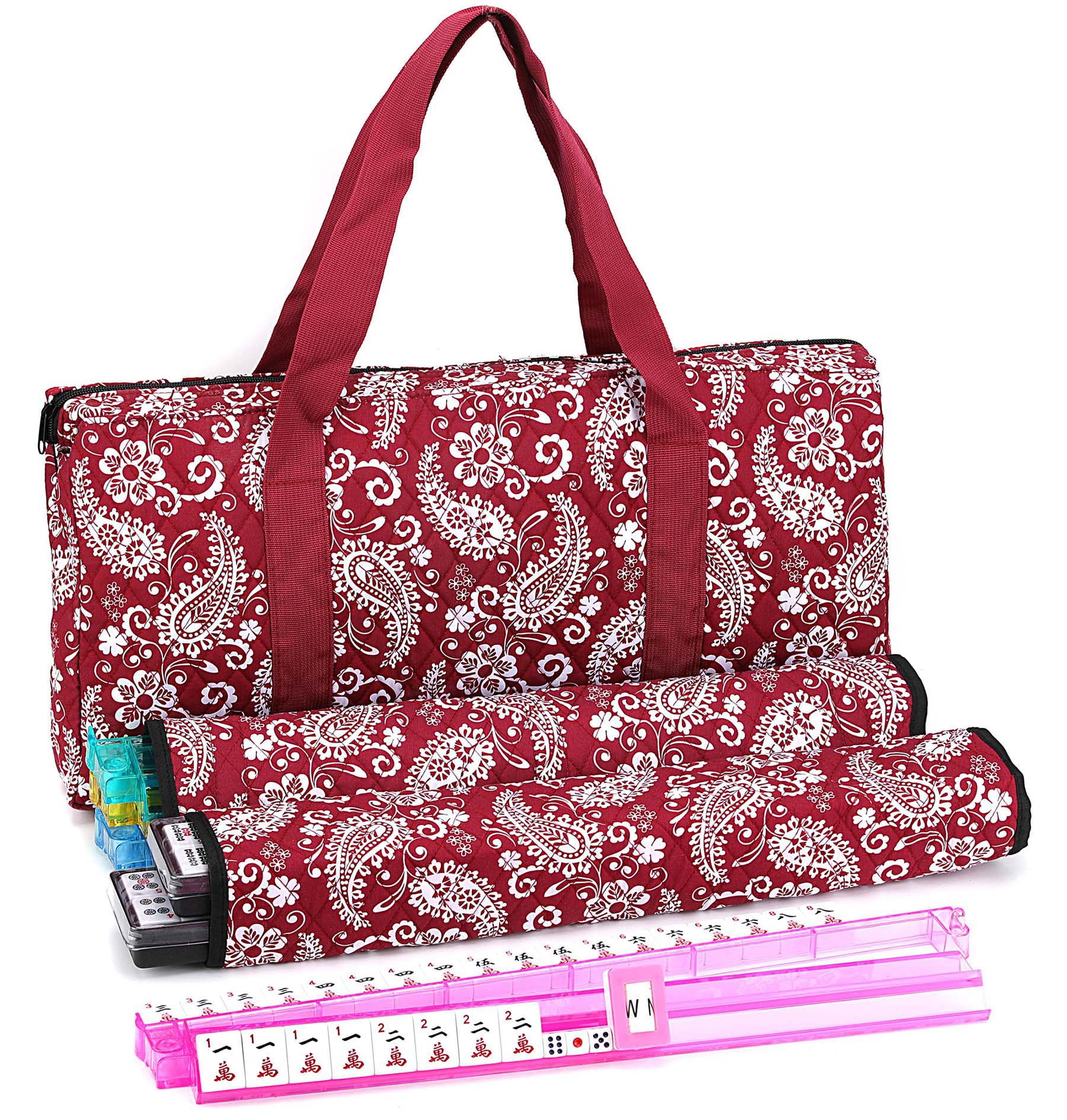 American Mahjong Game Set, Red Paisley Carrying Bag,166 Premium White Tiles,4 All-in-One Color Rack/Pushers,100 Chips,1 Wind Indicator