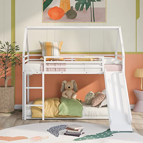 Kids Twin Over Twin Bunk Beds with Slide and Trundle, Solid Wood Bunk Bed Frame with Stairs and Storage