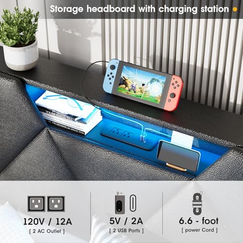 Vabches Queen Bed Frame with Storage Headboard and 4 Drawers,Upholstered Platform with Charging Station and Led Lights,Adjustable Headboard