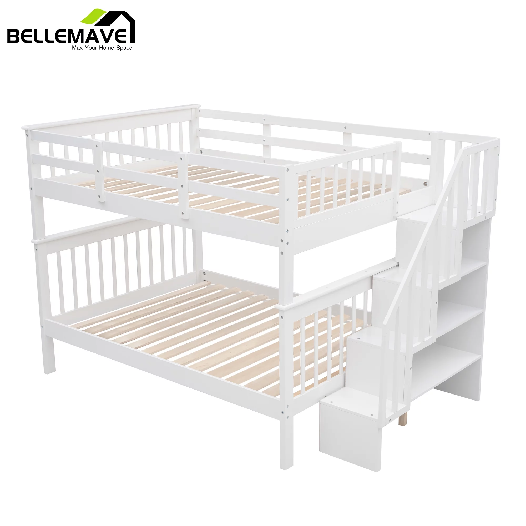 BELLEMAVE Full over Full Bunk Beds for Kids, Kids Bunk Beds with Storage Stairs and Full-Length Guardrail, Convertible Into 2 Bed