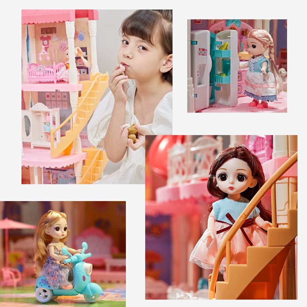 Dollhouse with Furniture Accessories 15 Rooms Pretend Play Doll House Pink Dreamhouse Movable Slides Stairs Pet & Dolls& Led Lights for Toddlers 1:12