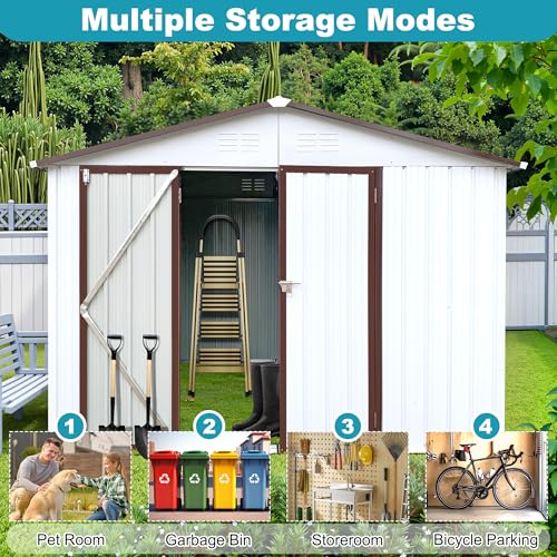 8x6 FT Outdoor Storage Shed, Metal Tool Shed with Lockable Doors, Peaked Roof & Frame Floor