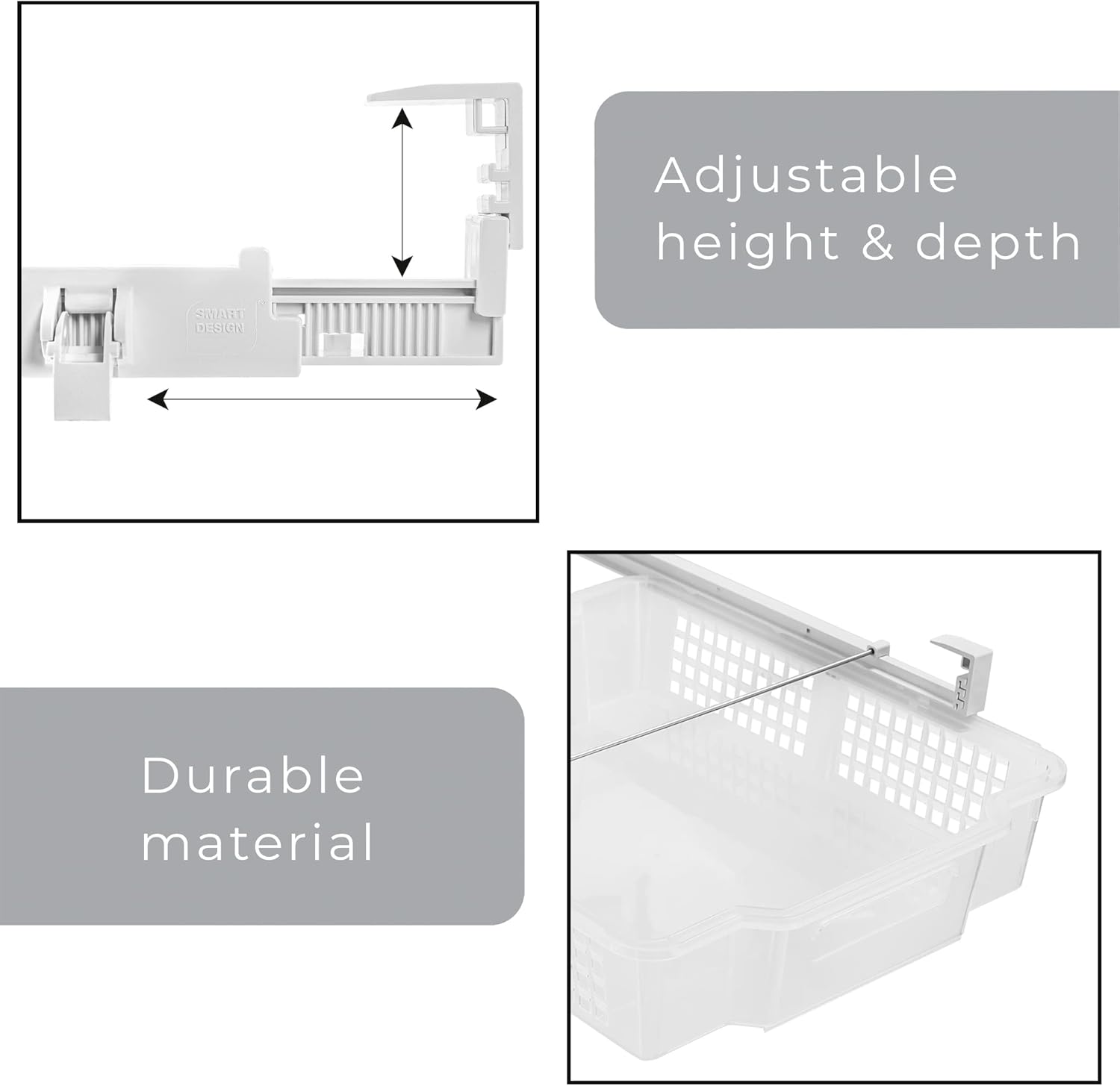 Smart Design Adjustable Pull Out Refrigerator Drawer - Extra Large, Set of 2 - BPA Free - Holds 20 lbs - Extendable Sliding Fridge Bin, Freezer