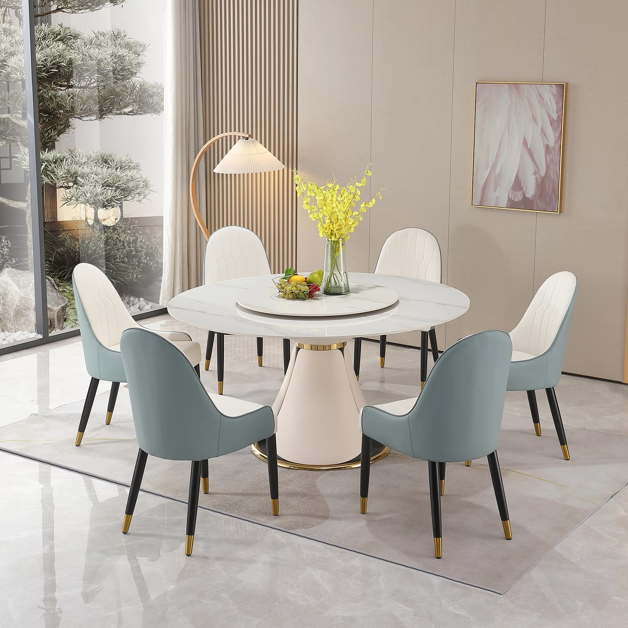 59” Leavader Sintered Stone Round Kitchen Dining Table Set with 31.5” Round Turntable for 8 People with Stainless Steel Base with 8 Chairs