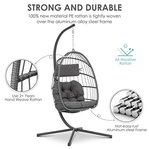 Brafab Hanging Egg Chair with Stand and Footrest, Wicker Egg Swing Chair Indoor Outdoor Aluminum-Steel Frame and UV Resistant Cushion