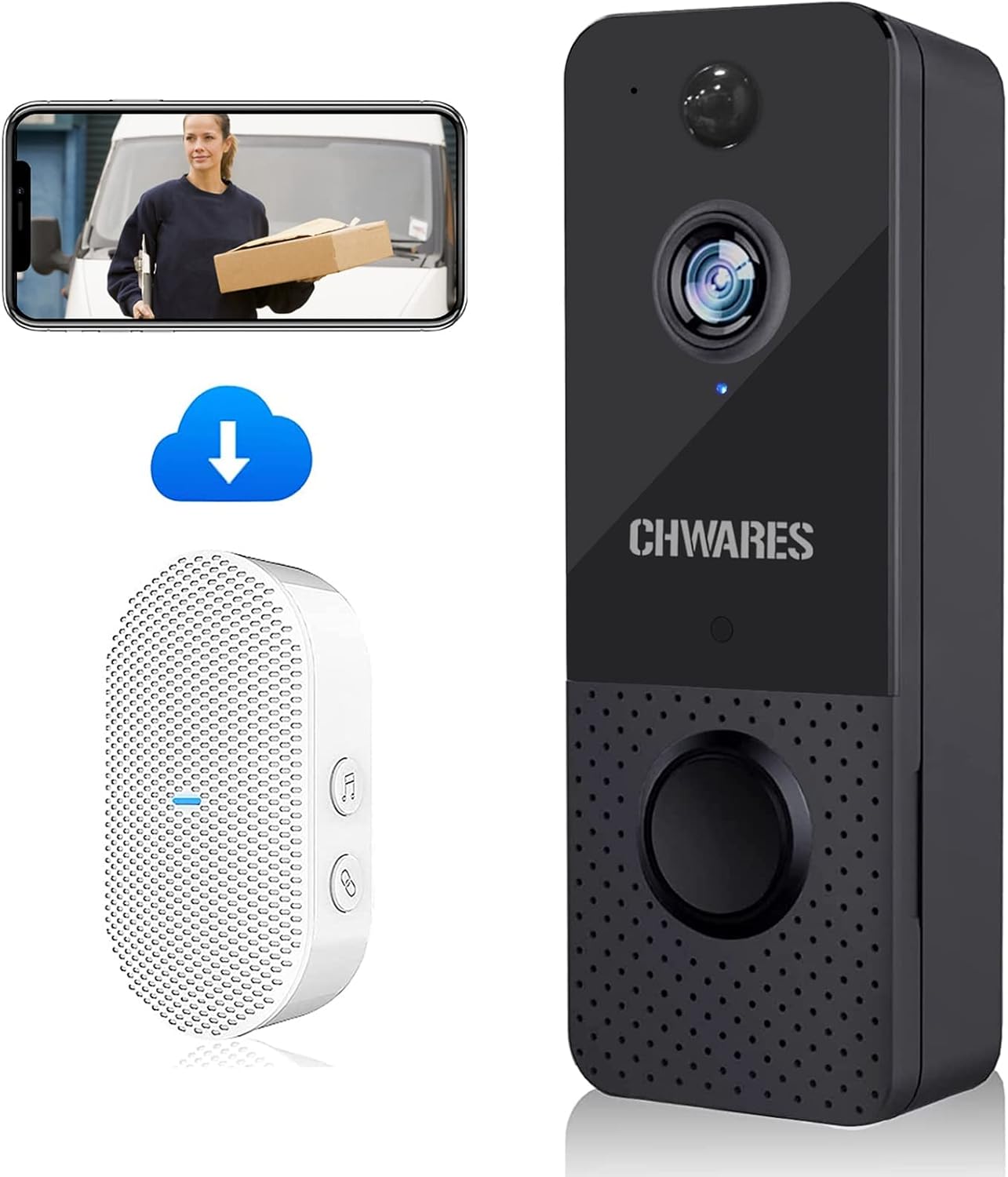 Wireless Video Doorbell Camera 1080p HD with Chime, Motion Detector, Night Vision, 2-Way Audio, Battery Powered, Free Cloud Storage