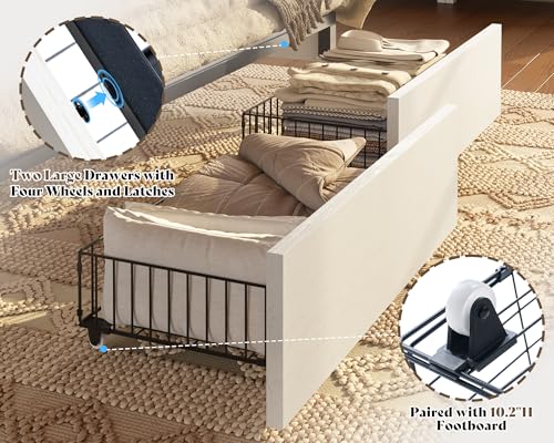 AMERLIFE 47.2" H King Bed Frame with Hidden Space Bookcase Headboard and Charging Station, Beds with 2 Storage Drawers and Wood Slats