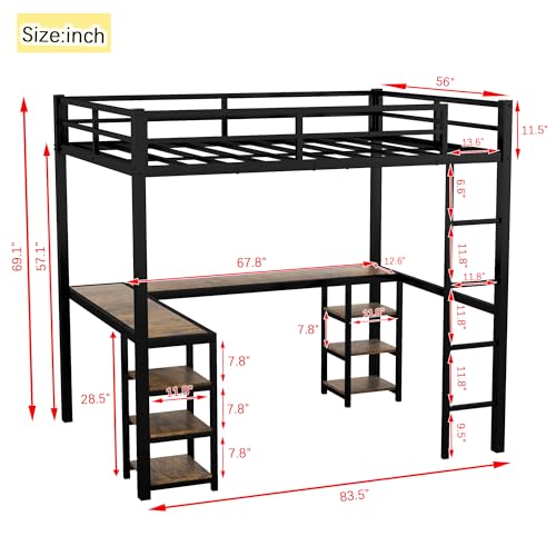 Full Size Loft Bed with Desk and Storage Shelves, Heavy Duty Metal Loft Bed with L-Shaped Desk and Ladder, Full Size Loft Bed for Kids