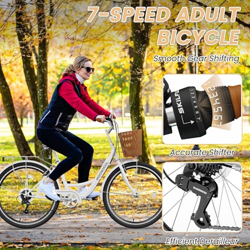 MOONCOOL Womens Bike 7 Speed, 24 26 inch Beach Cruiser Bikes for Women, Step Through Adult Bicycle with Front Basket for City Commuting