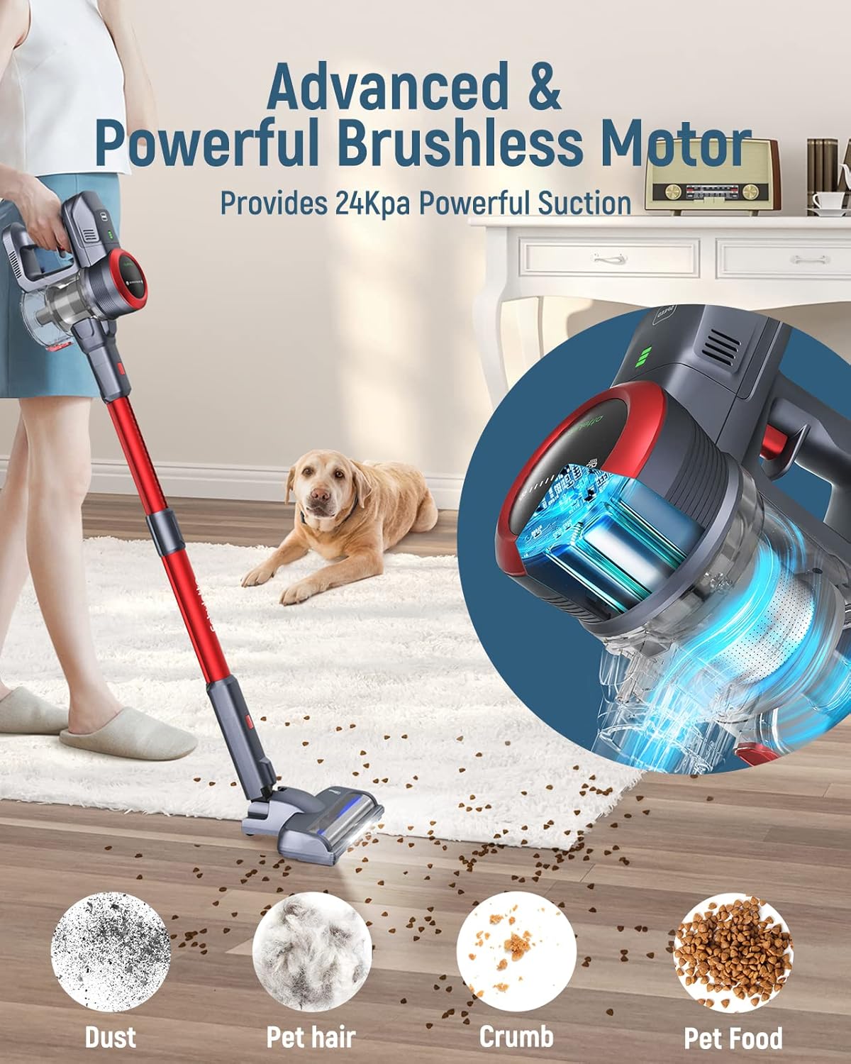 Fabuletta 10-in-1 Cordless Vacuum Cleaner - 24Kpa 250W Brushless Motor Stick Vacuum, Up to 45 Mins Max Runtime Detachable Battery, Led Display