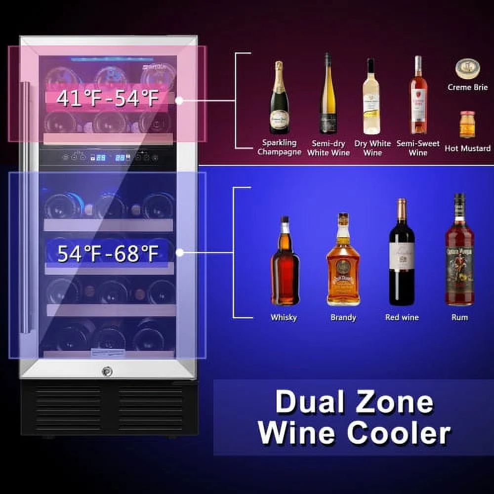 RIGO 15 Dual Zone Inch Wine Cooler Refrigerators 28 Bottle Fast Cooling Low Noise Wine Fridge with Professional Compressor Stainless Steel