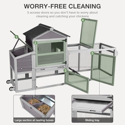 Chicken Coop for Outdoor - Poultry Cage with Wheels, Nesting Box, Leakproof Pull-on Tray, and Asphalt Waterproof Roof - Grey