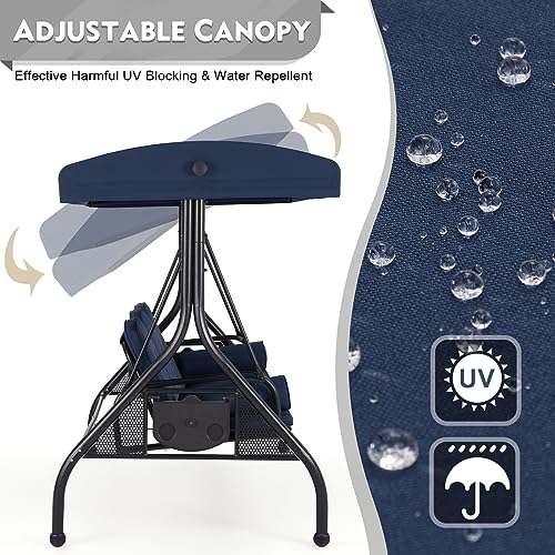 HOMREST 3 Seat Outdoor Porch Swing with Adjustable Canopy, Convertible Patio Swing Bed with Stand, Patio Glider Swing with Upgraded Cup Holder
