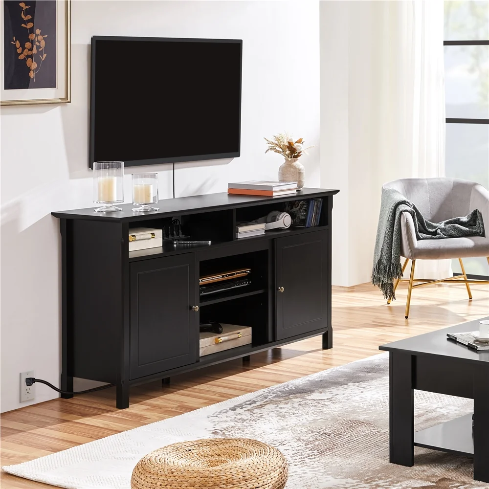 Easyfashion 58in Width Modern TV Stand TV Console with Power Outlet for TVs up to 65in, Black