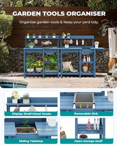 SERWALL Potting Bench Outdoor Potting Table with Sink, HDPE Potting Benches for Outside Gardening Table All Weather Use- Black