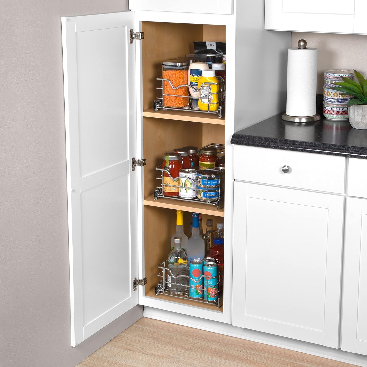 Heavy Duty Pantry Pull Out Cabinet Organizer Basket 5” High –5 Year Limited Warranty- Slide Out Drawer Shelf for Pots, Pans, Cans, jars, Canisters