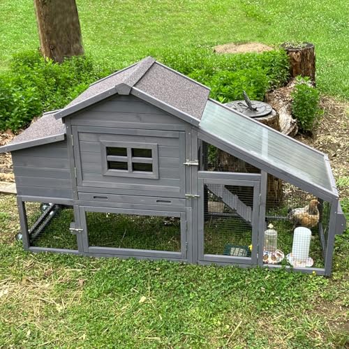 GUTINNEEN Mobile Chicken Coop with Wheels Expandable Chicken Tractor Outdoor Hen House for 2-4 Chickens 67.3" L(Brown)