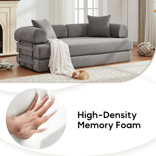 Convertible Sleeper Sofa Bed with Cylindrical Pillow, Corduroy Folding Mattress Couch with Fixed-Shape Frame