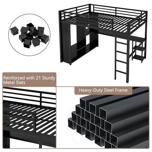 Queen Heavy Duty Metal Loft Bed with L-Shaped Desk, Wardrobe & 5 Storage Shelves – Space-Saving Design for Kids, Teens, Adults – CPC Certified