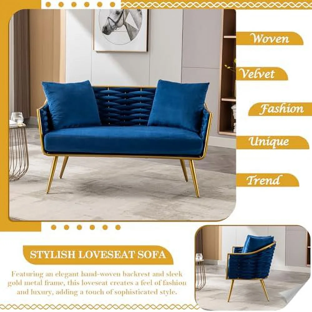 xrboomlife Velvet Accent Sofa Chair  Upholstered Loveseat with Stylish Woven Back  Small Comfy Couch with 2 Pillows  Modern Love Seat with Gold Frame