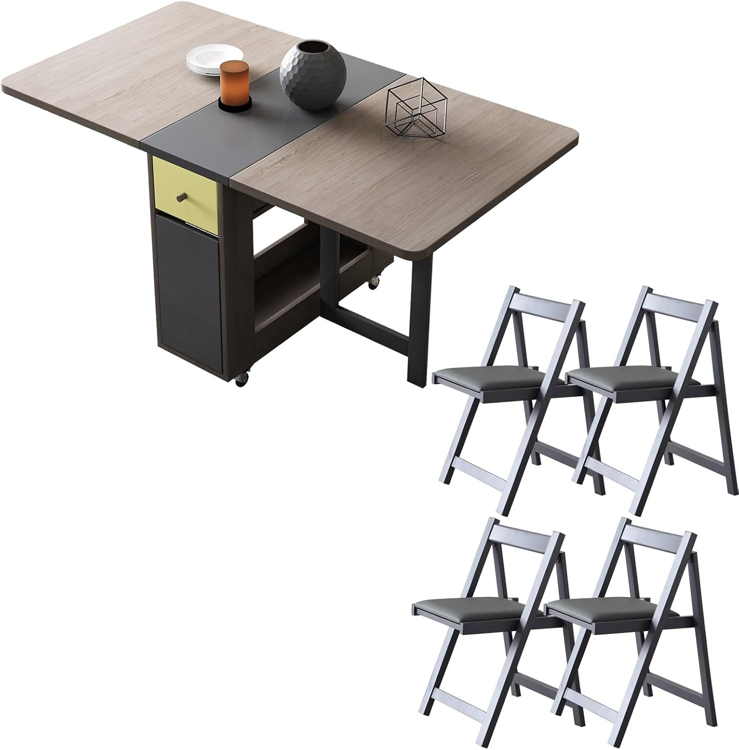 5-Piece Folding Dining Table and Folding Dining Chairs Set, Movable Space Saving Foldable Dining Table and Folding Chairs for Home, Kitchen
