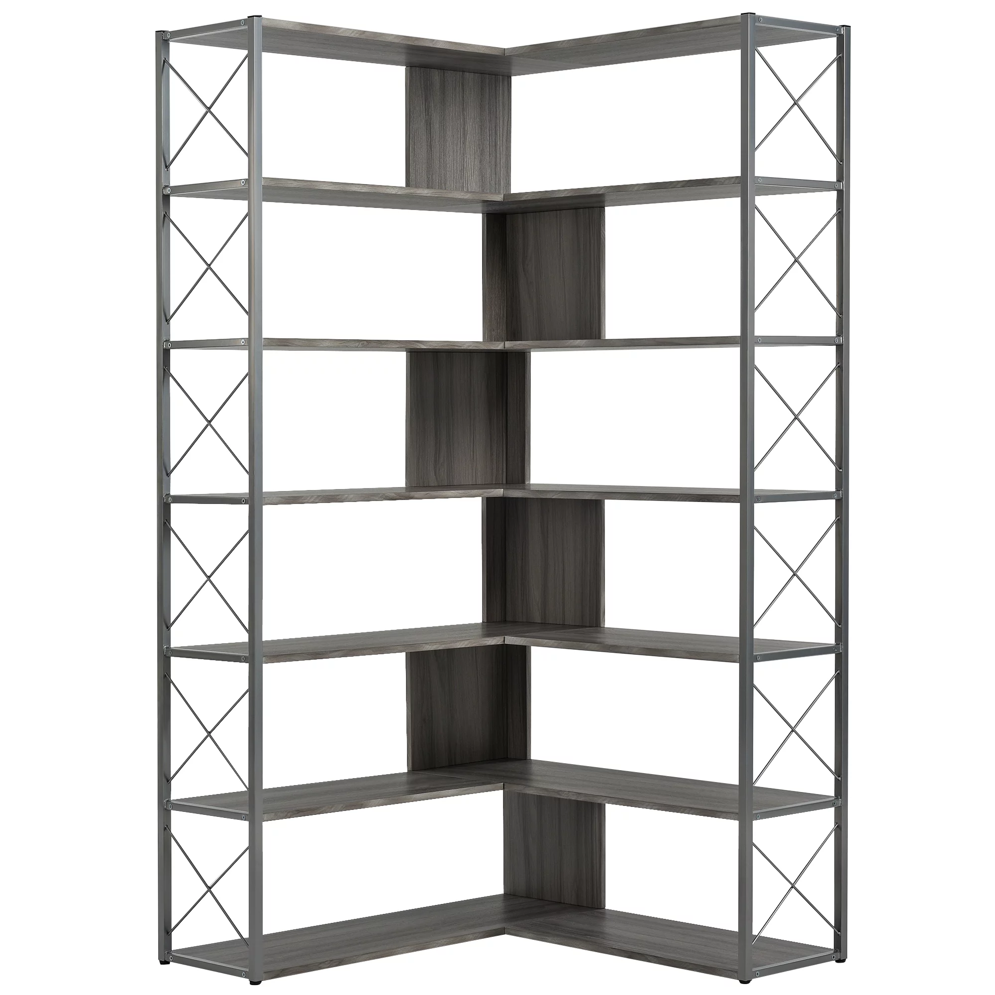 Industrial 7 Tier L-Shaped Corner Bookshelf, Large Home Office Bookcase with Metal Frame, Tall Storage Shelf Display Rack