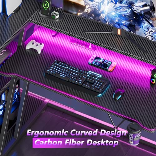 55 Inch Gaming Desk with Power Outlet & LED Lights, L Shaped Gamer Computer Table with Storage Shelves for Bedroom, Corner Home Office Desk