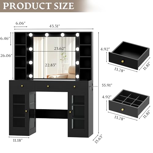 Makeup Vanity Desk with Mirror and Lights, White Vanity with Glass Top, LED Lights & Power Outlet, 3 Drawers & 2 RGB Glass Cabinets