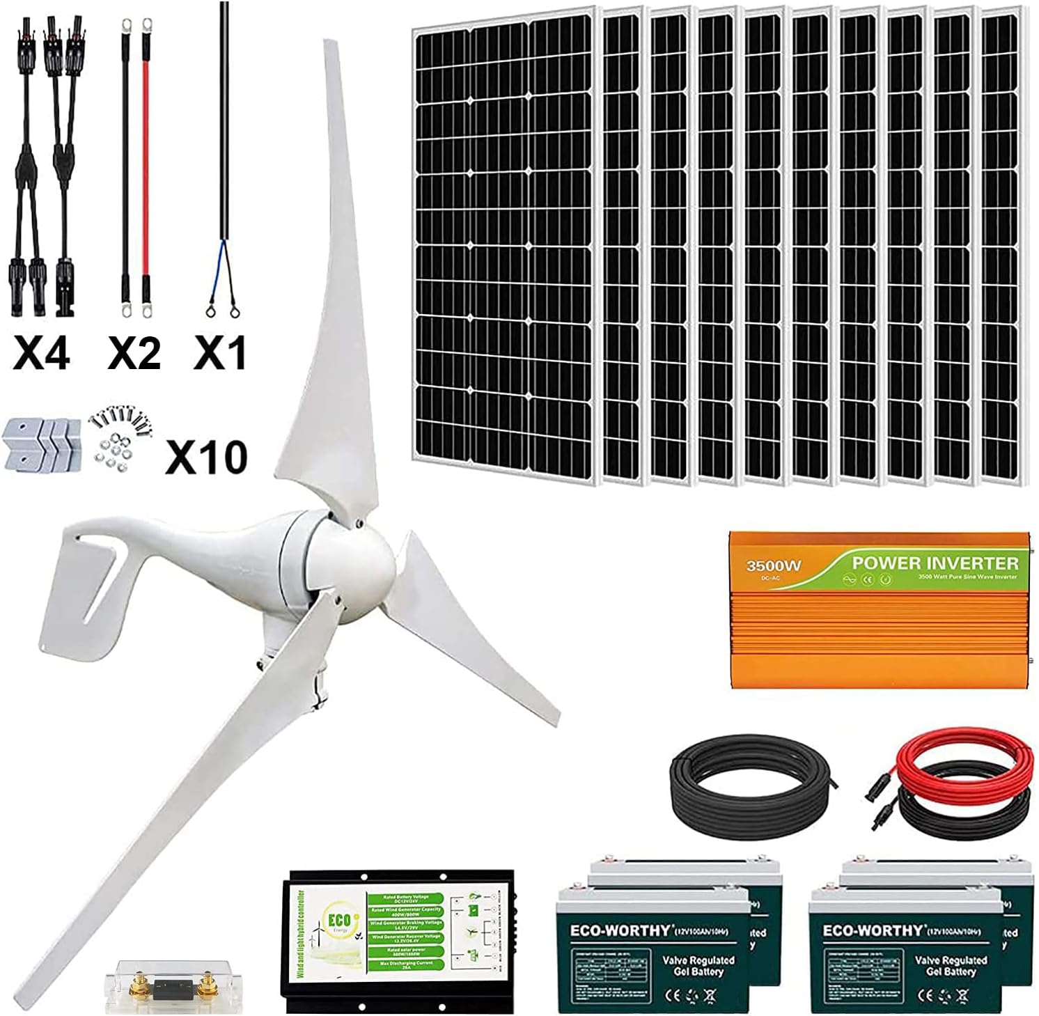 ECO-WORTHY 1200W Solar Wind Complete KIT: 1pc 400W Wind Turbine + 8pcs 100W Mono Solar Panel + 2pcs 100AH Battery + 1500W Inverter + 1pc Combiner Box