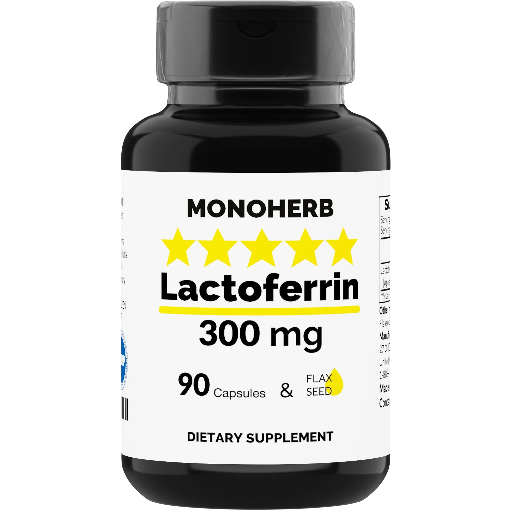 MONOHERB Lactoferrin 300 mg per Capsule - 90 Vegetarian Capsules - Made in USA - Kansas Nuitrition - HNZSDS