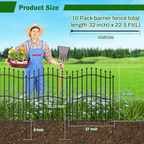 8 Panels Tall No Dig Garden Fence - 40in H x 18ft L, Reinforced Square Tube Rustproof Animal Barrier