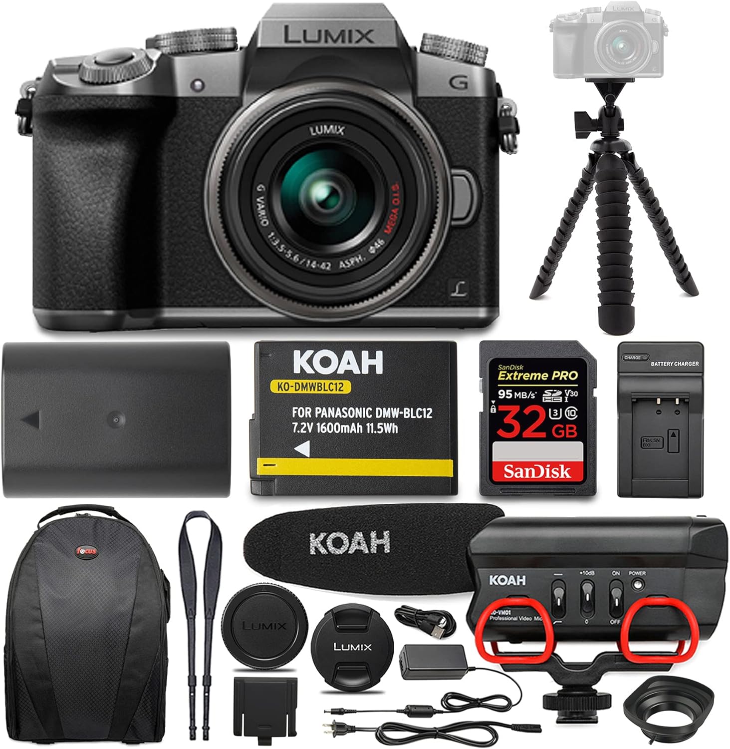 Panasonic LUMIX G7 Digital Camera with 14-42mm f/3.5-5.6 Lens and Koah Microphone Accessory Bundle (6 Items)