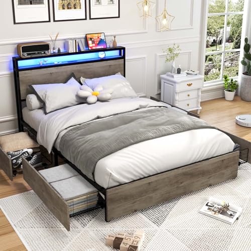 Full Size Bed Frame with Headboard, LED Platform Bed with 4 Storage Drawers, Built in Charging Station, Noise-Free, Metal Support Base