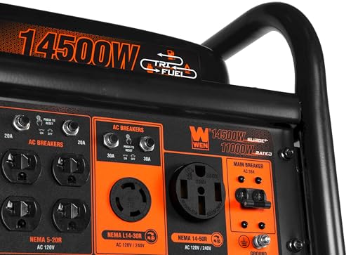 WEN 14,500-Watt 120V/240V Tri-Fuel Generator for Gas, Propane, and Natural Gas, Transfer-Switch Ready with Electric Start, Wheel Kit